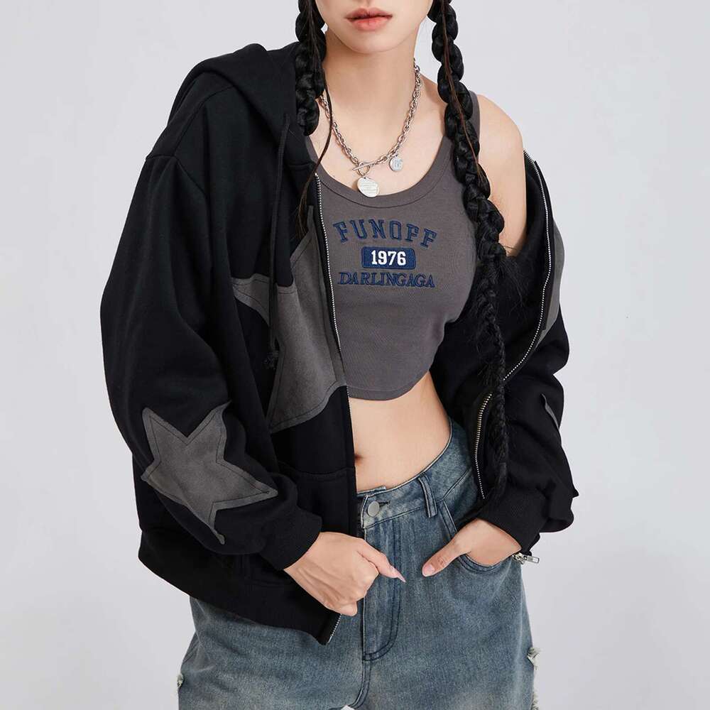 Vintage Star Print Drawstring Hoodies Women's Autumn Casual Loose Long Sleeve Zip Up Hooded Coats Street Haruku Outerwear Designer