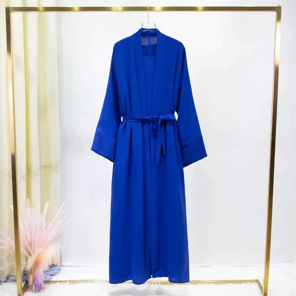 2pics Muslim Sets Muslim Jilbab Two Pieces Women Out Abaya Loose Cardigan Coat Slveless Inner Dress Prayer Clothing with Belt X250514