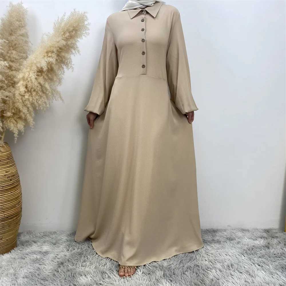 Muslim women summer hot sale chiffon dress Middle East Dubai Turkey solid color loose button elegant temperament dress with pock X250514