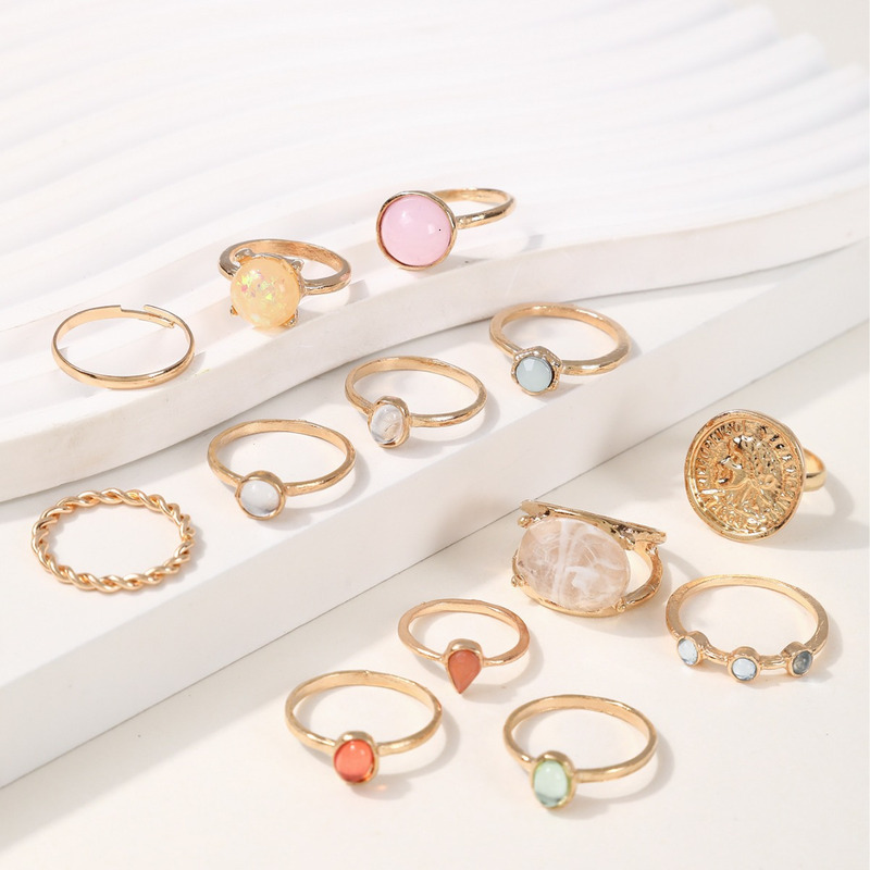 12 pieces of creative personalized jelly colored rings with diamond inlay relief set for women's jewelry