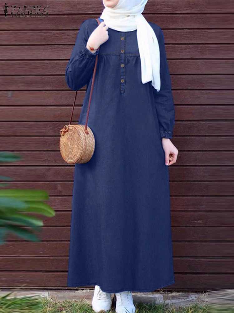 ZANZEA Denim Blue Muslim Hijab Abaya Robes Autumn 2024 Long Slve Loose Casual Islamic Maxi Dress Solid Women Kaftan Dresses X250514