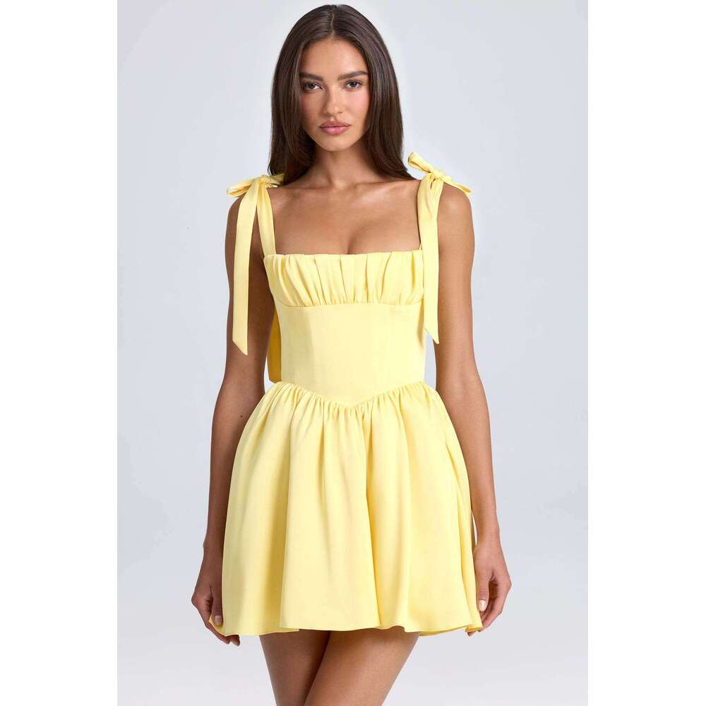Maxi Dress Summer Dresses Womens Designer Clothing Whitedress 2025 Summer New Womens Fashion Square Neck High Waist Folded Splicing Bow Strap Dress