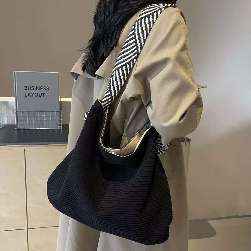 New Soft Wide Strap Veet Fabric Handbag, Fashion Casual Single Shoulder Bag, Preferred Style corduroy Women Bag