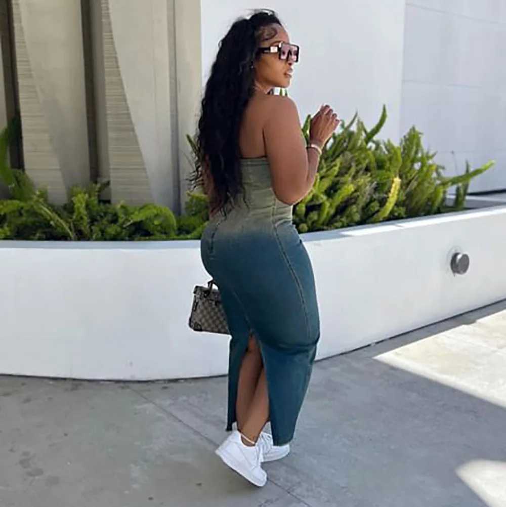 Summer Gradient Womens Denim Dress Fashion Corset Sleeveless Sexy Backless Slim Womens Slit Long Dresses Stretch Jeans DressXJ250514