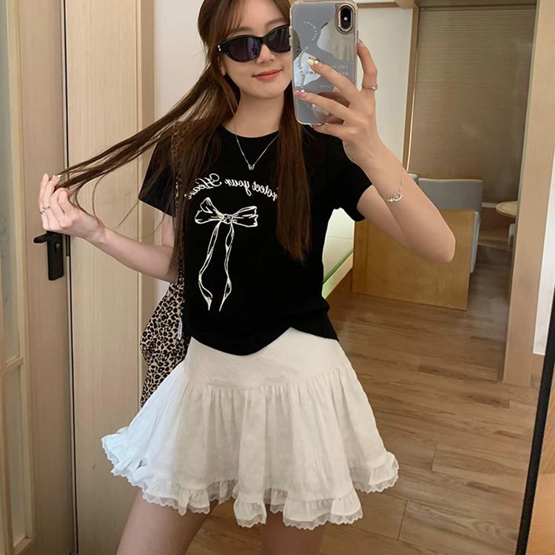 Womens Summer White Lace Mini Skirt Korean Chic High Waist Y2k Short Skirts Woman Ballet Style Ruffles Cake Female 250514