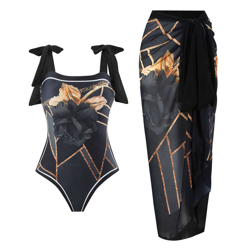 New double-sided European and American one-piece women's conservative vacation swimsuit chiffon printed wrapped skirt set 2025 new casual versati