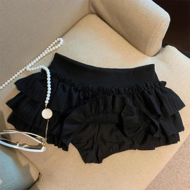 Kawaii Puffy Cake Skirts Women Korean Fashion Ruched Ruffle Mini Skirt Female Summer Harajuku Casual Elastic Waist Solid 250514