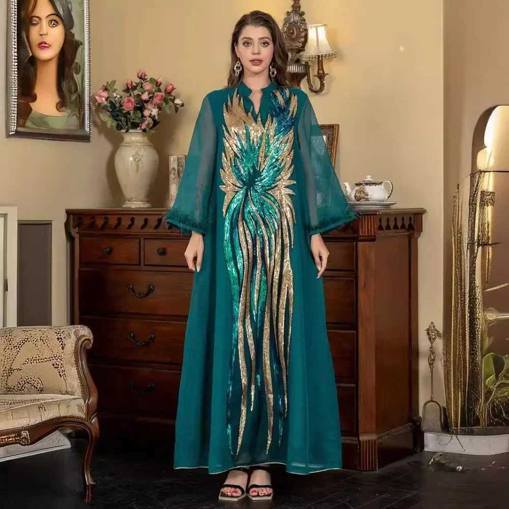Muslim Womens Robe V-neck Long-slved Dark Grn Robe Fashionable Camel Hair Shiny Comfortable And Casual Elegant Dress X250514