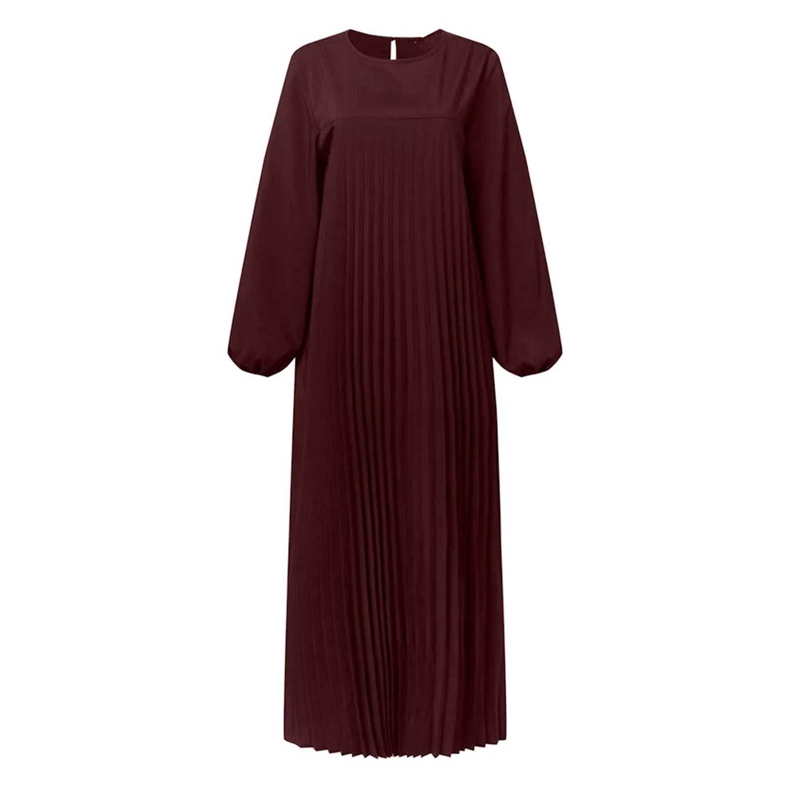 Fashion Ruffles Hem Muslim Sundress Women Pleated Puff Slve O-Neck Dress Autumn Elegant Party Abaya Vestidos Islamic Clothing X250514