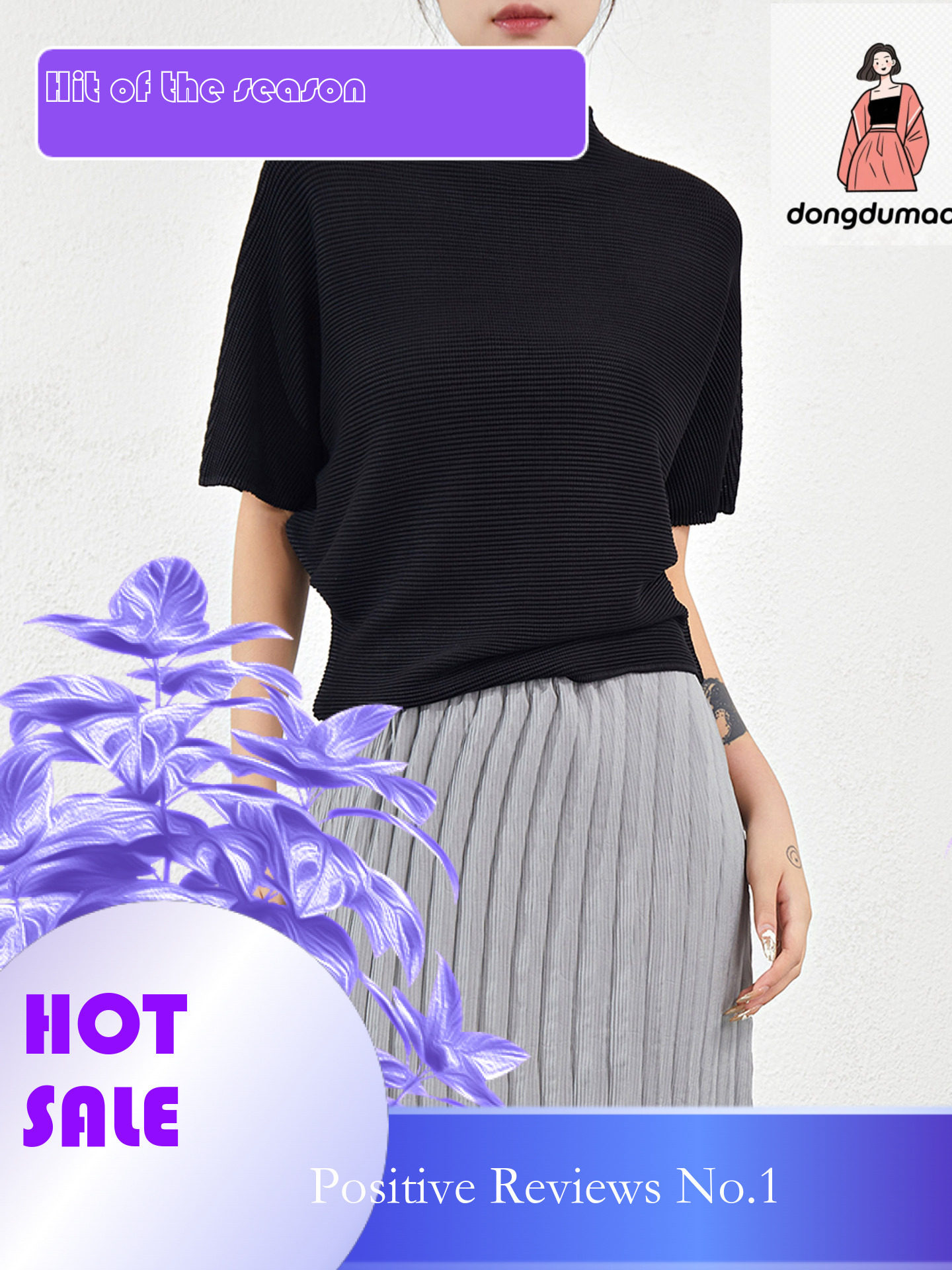 dongdumaoyi Sanzhai T-shirt, half sleeved bat shirt, lazy style, summer pleated design, elastic, loose and simple solid color top for women