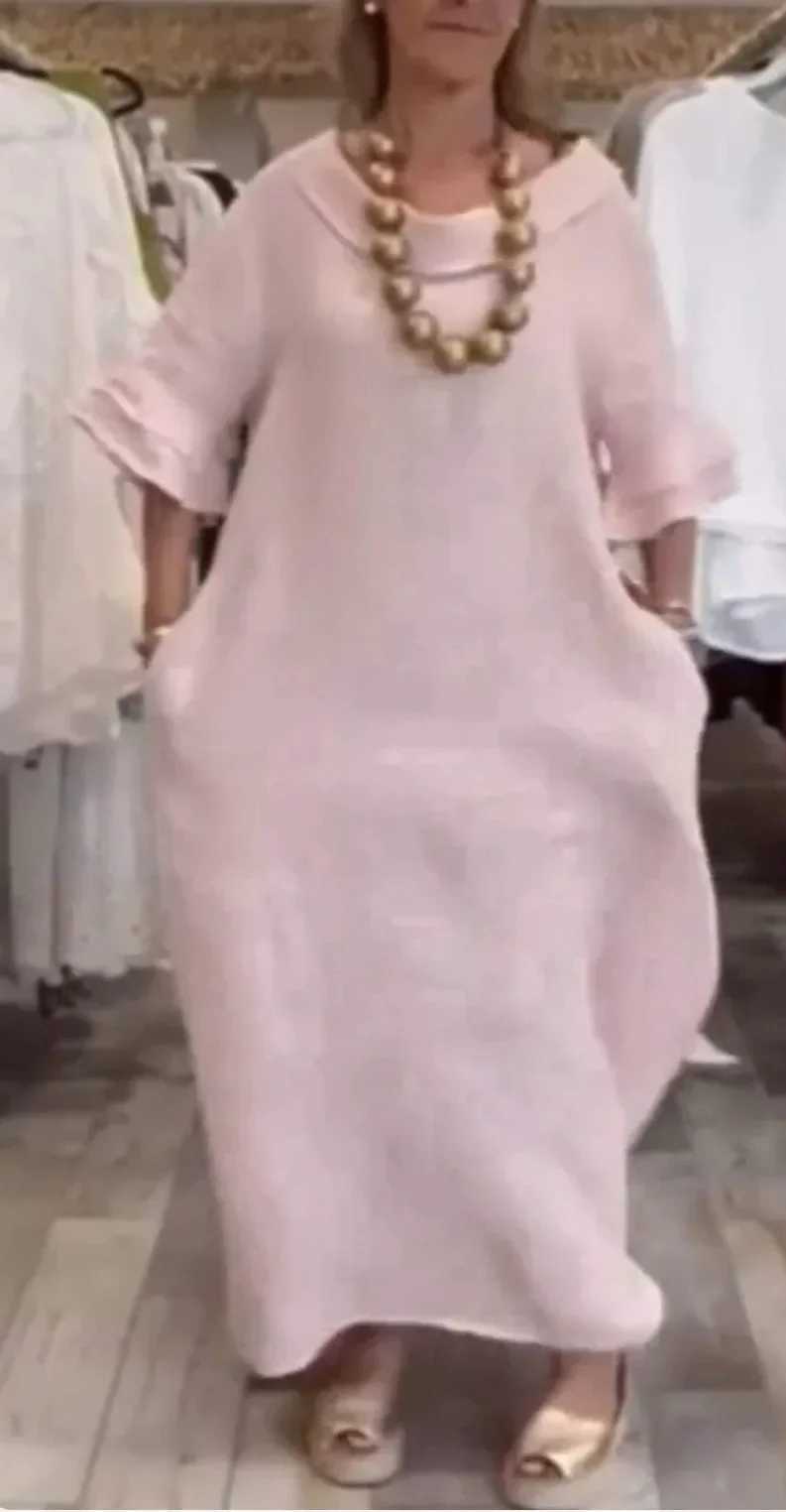 2025 Autumn Cotton Linen Dress Women White Solid Half Sleeve Casual Long Dresses Female Dresses Casual Loose Elegant ClothesXJ250514