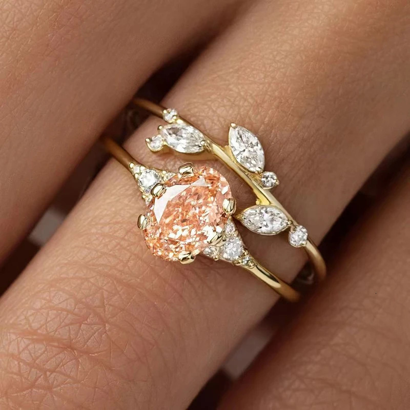 Huitan Champagne CZ 2Pcs Women Rings Aesthetic Wedding Accessories Gold Color Exquisite Leaf Rings Party Fashion Jewelry Sets 250509
