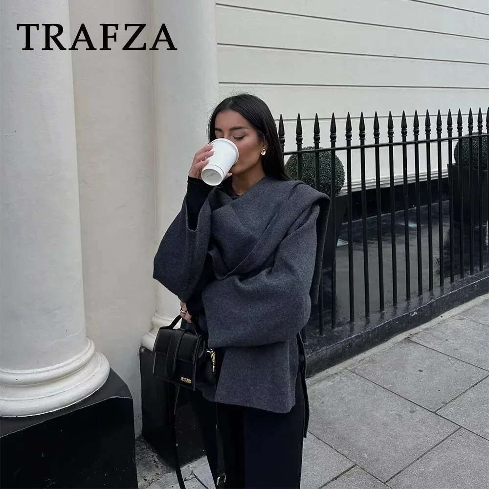 TRAFZA Autumn Winter Casual Knitted Fashion Solid Streetwear Loose Scarf Collar Demi-season Jacket For Women