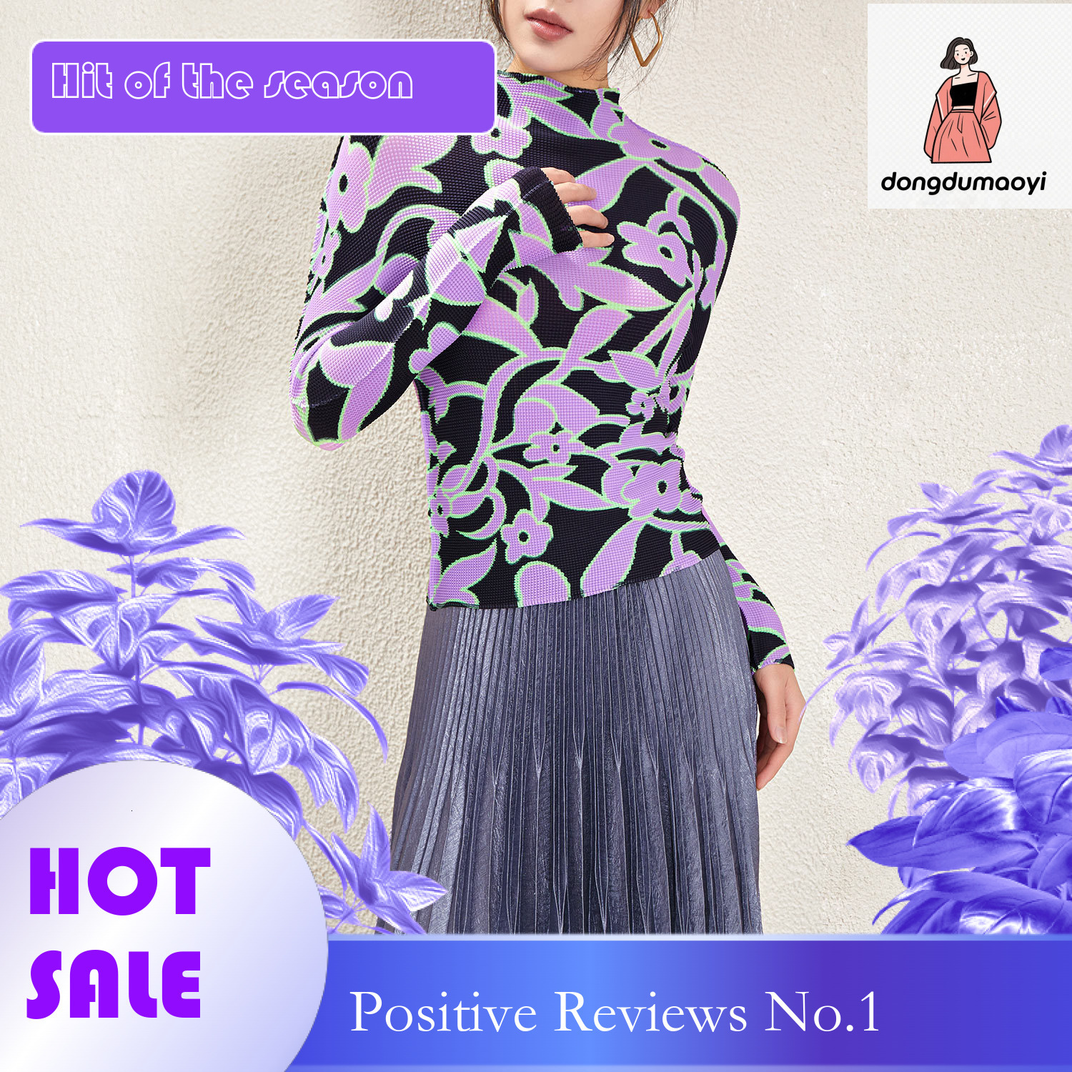 dongdumaoyi Elastic slim fit slimming long sleeved pleated T-shirt base, new Miyake semi high neck printed top for women