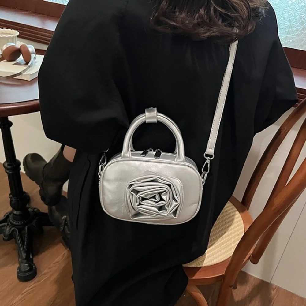 Portable PU Leather Rose Flower Bowling Bag Single Shoder Y2K Sier Handbag Purse Korean Style PU Crossbody Bag Travel Z250514