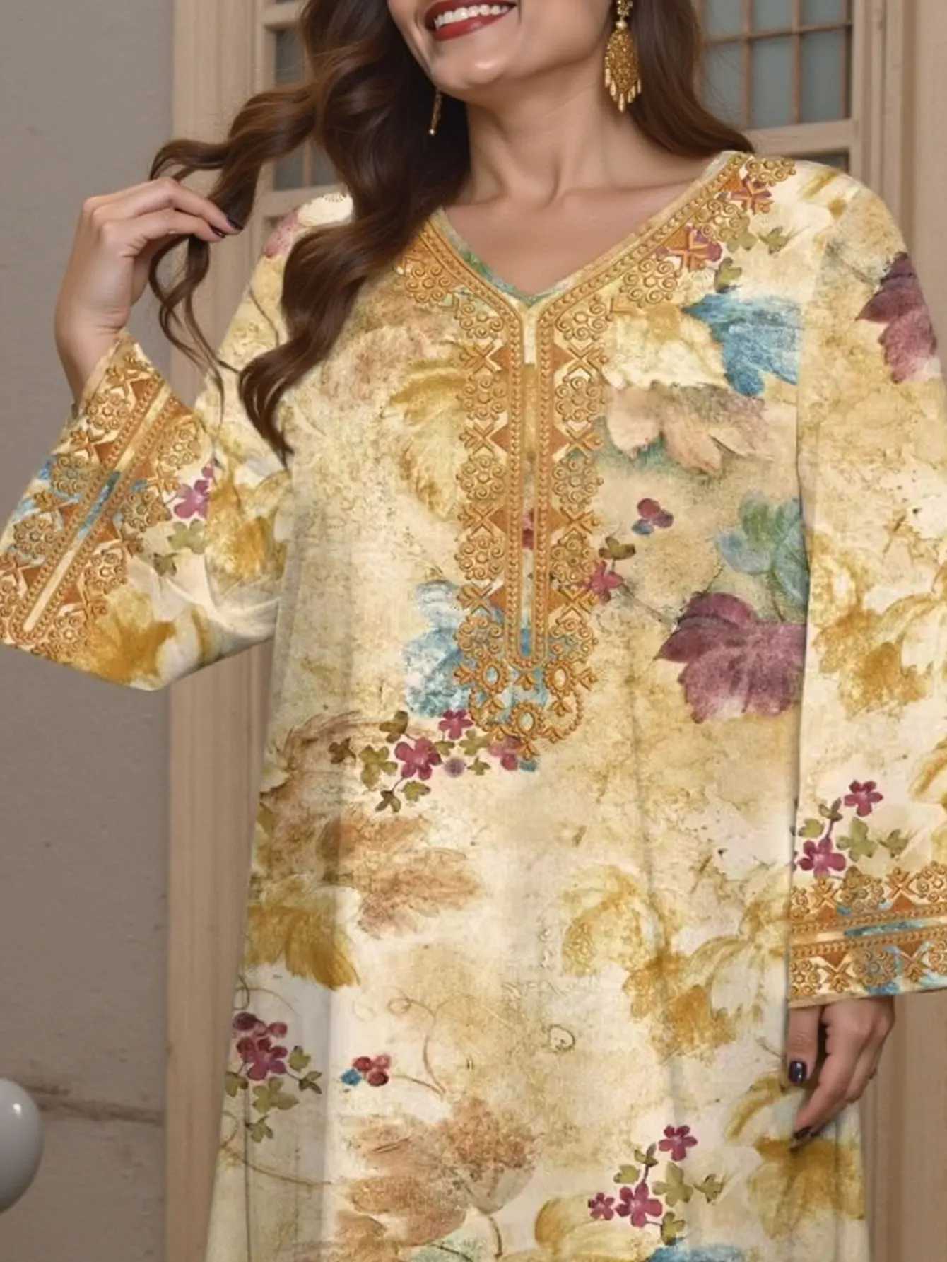 Muslim Diamonds Pressed 2025 New Arrivals Pure Silk Long Slve Flower Printing Vintage Casual High Quty Women Midi Dress X250514