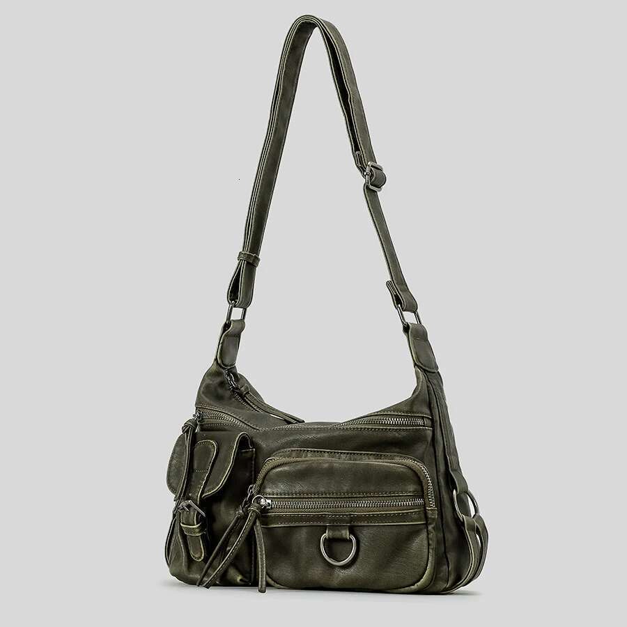 Vintage Multiple Pockets Women Shoulder Bags Washed Pu Leather Crossbody Retro Motorcycle Bag Y2k Sac For Girls 2024