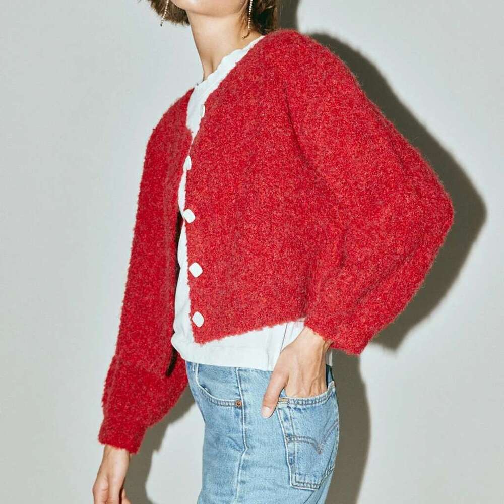 Combhasaki Women's Y2K Vintage Fuzzy Cardigan Tops Lantern Long Sleeve Round Neck Button Down Aesthetic Cropped Knitwear Sweater