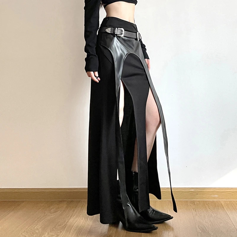 SUCHCUTE Gothic PU Belt Match Long Skirt Sexy Straight Tassel Slit Irregular Midi Punk High Waist Party Women Outfit 250514