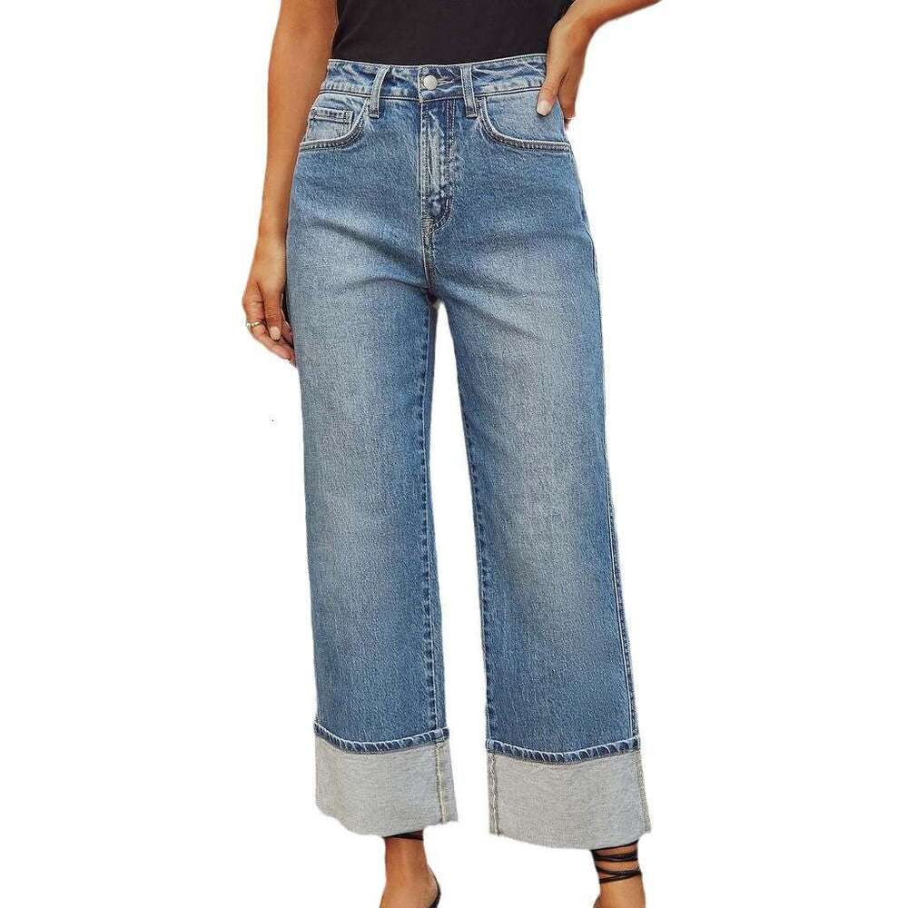 2025 Spring New Elastic Straight Leg Jeans for Women Quality Edition with Curled Edges and High Waist Pants Discount in Limited Time Fashionable Solid