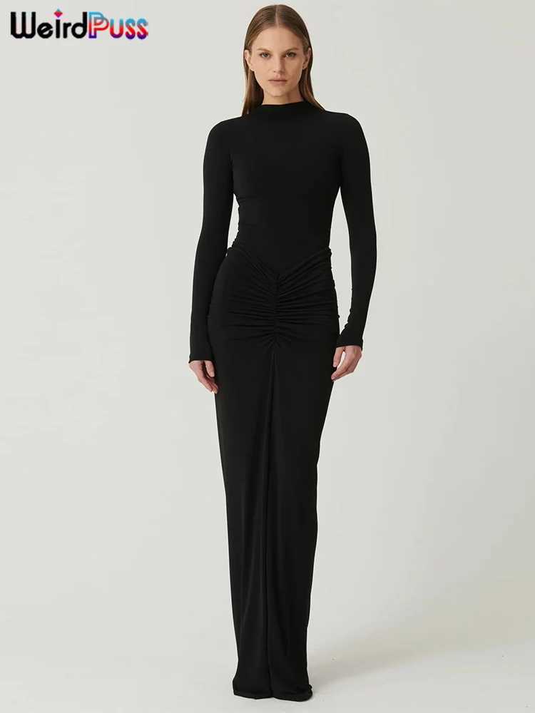 Weird Puss Hipster Ruched Dress Women o-NeckFull Sleeve Skinny Stretch Robe Autumn Trend Simple Classic Pleats Long BodyconXJ250514