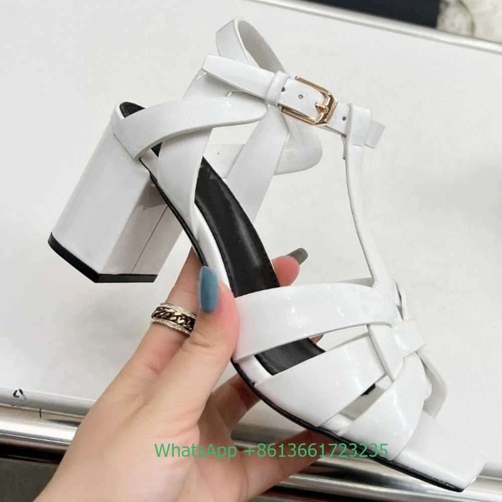 Cross Straps Square Toe Chunky Heel Sandals Solid Color Open Toe Real Patent Leather 6.5Cm Heels 2025 Newest Summer Sandals W250514