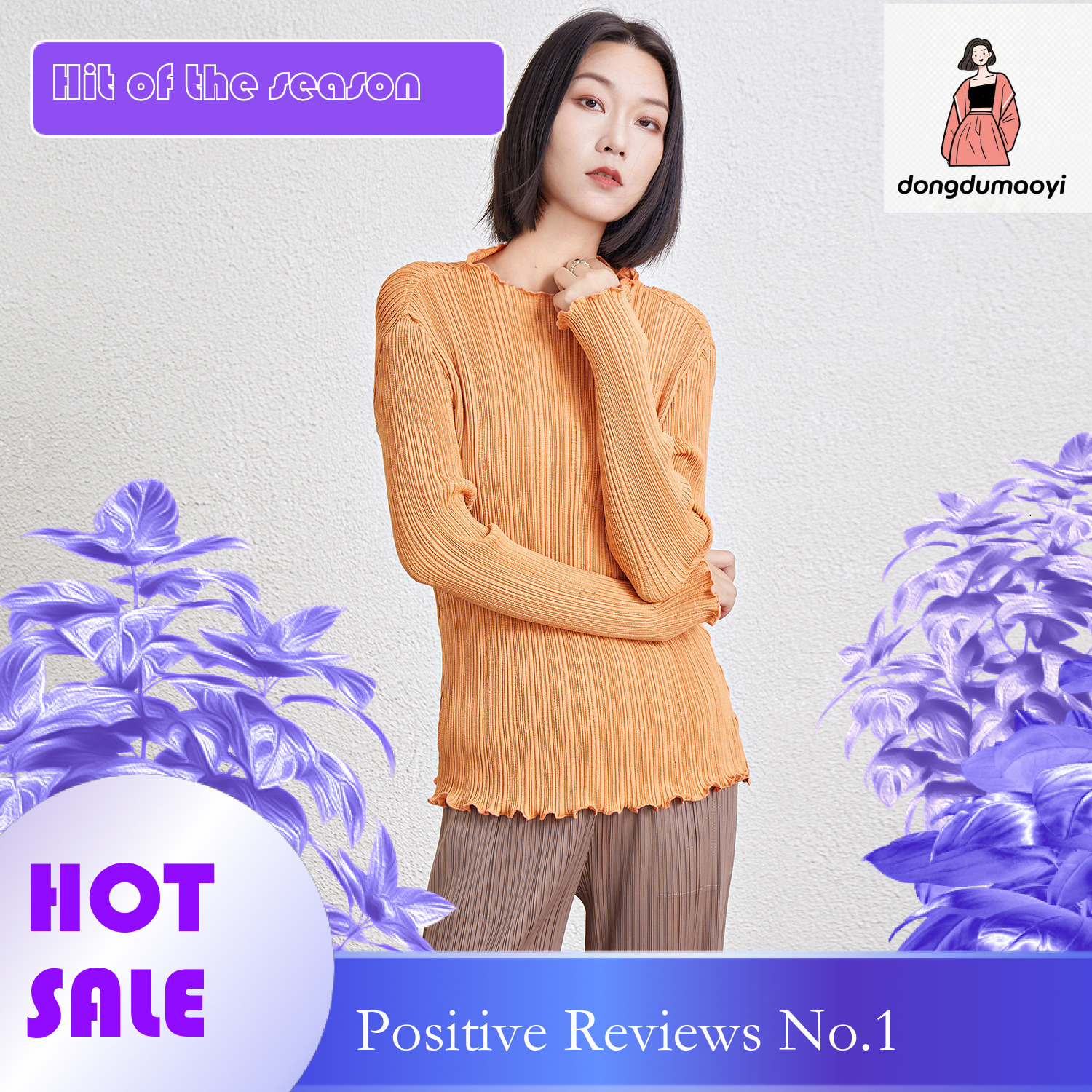 dongdumaoyi Miyake semi high neck long sleeved T-shirt for women in winter 2024, new women's pleated lace collar base shirt, top trend