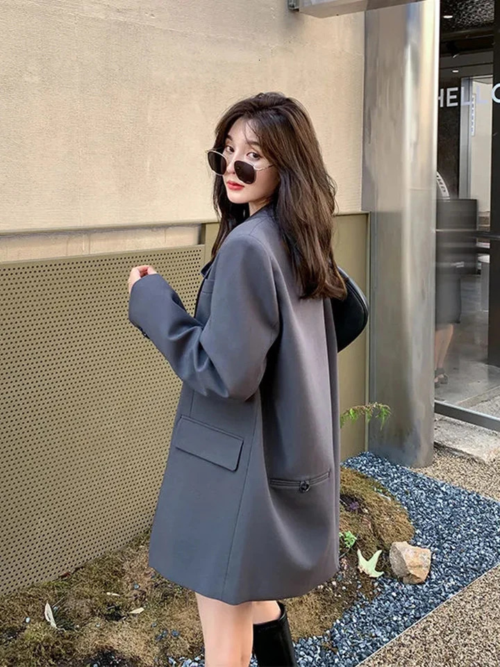 Zoki Back Slit Blazer Coats Women Casual Fashion Loose Korean Jackets Streetwear Chic Long Sleeve All Match Suit Tops 250513