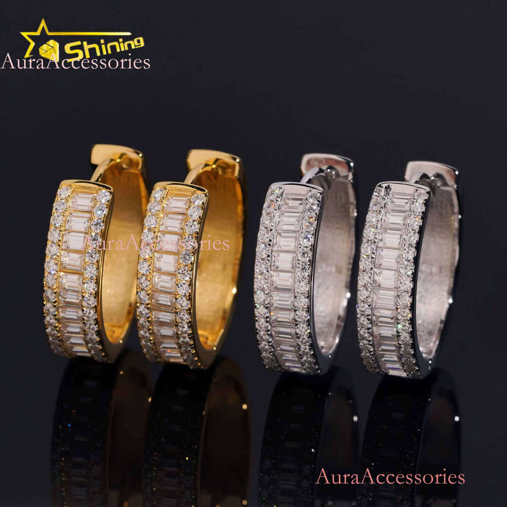 Fine Jewelry Sier Hip Hop Gold Plated Iced Out Baguette Moissanite Dia Hoop Earrings