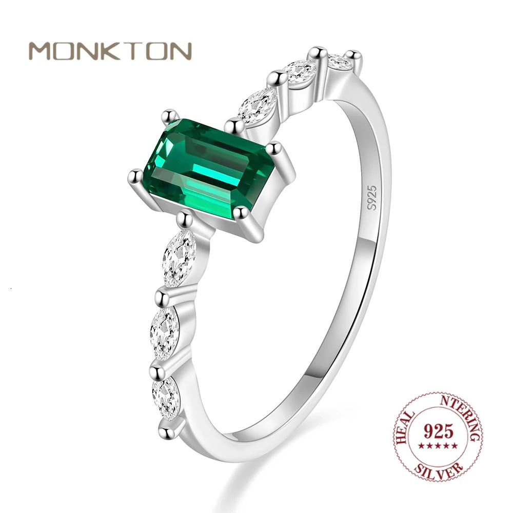 Monkton Original s925 Sterling Silver Sparkling Green Emerald Cut Zirconia Rings For Women Wedding Fine Jewelry High Quality 250509