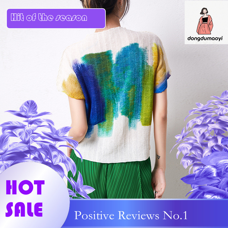 dongdumaoyi Miyake Top Women's 2024 Summer Short Sleeve Folded Small Shirt Graffiti Elastic Loose Look Thin Printed T-shirt Women