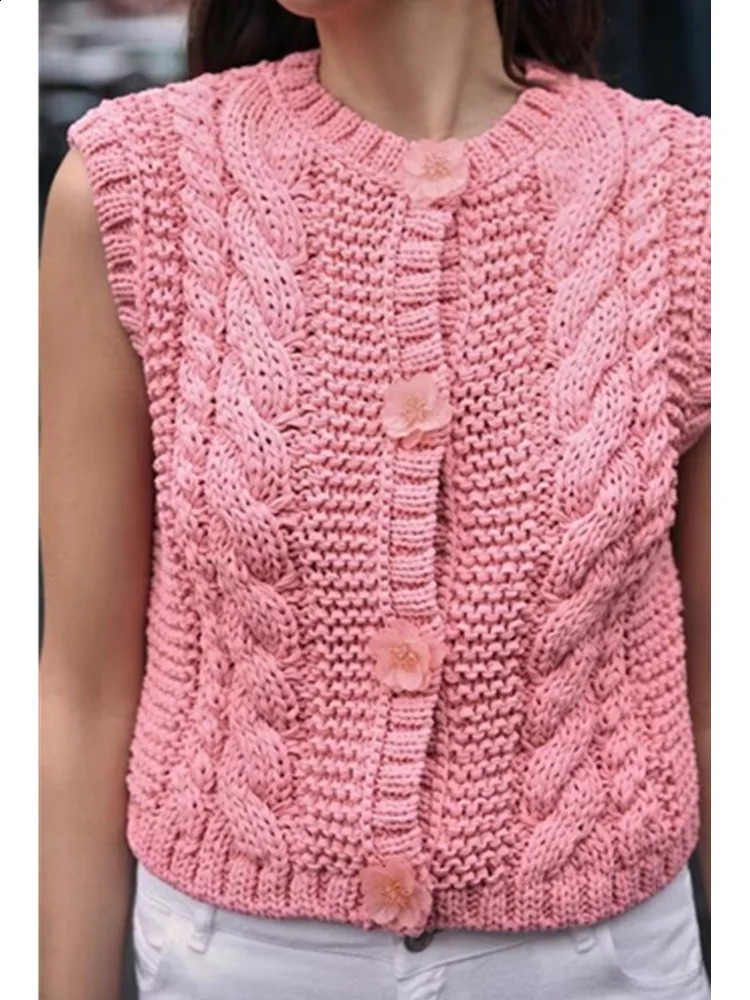Zevity 2025 Women Sleeveless Flower Buttons n Twist Knitting Vest Sweater Female Chic Casual Cardigan Waistcoat Tops SW9019 250506