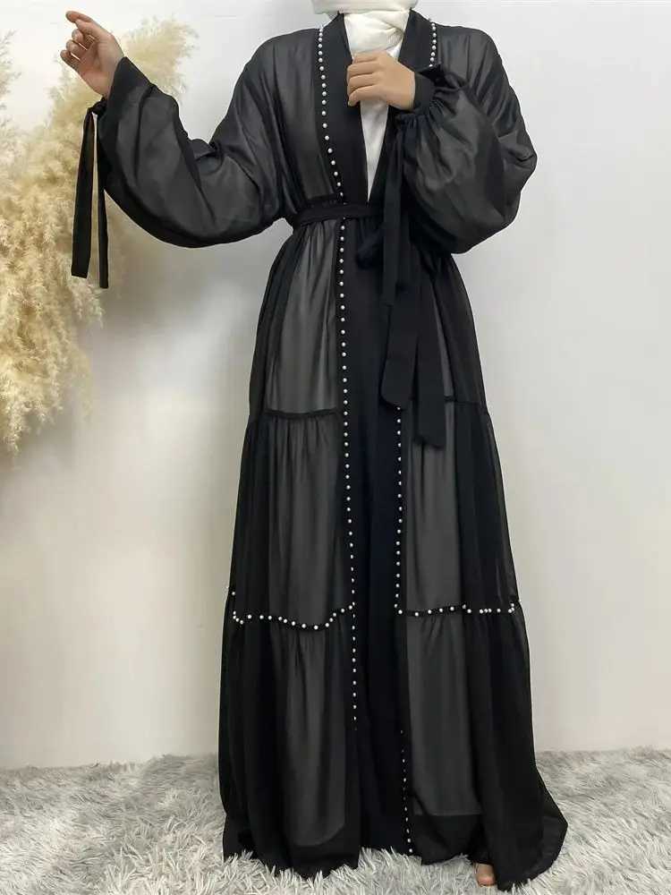 Abaya Dubai Muslim womens fashion Cardigan dress Arab net color dded Moo chiffon elegant temperament cardigan robe X250514