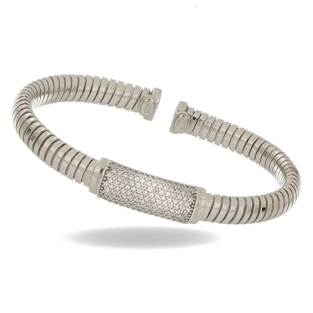 Italian made fashionable handmade sier cuff bracelet with fine CZ paving details, creating a delicate appearance
