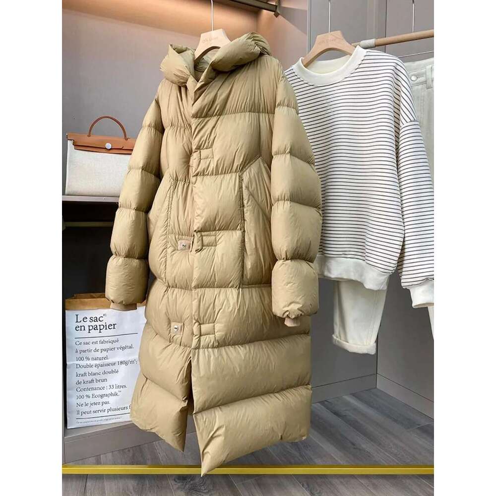 New White Duck Down Winter Puffer Jacket Women Solid Thick Warm Female Sashes Tie Up Over The Knee Coat Fashion Oversize Hooded
