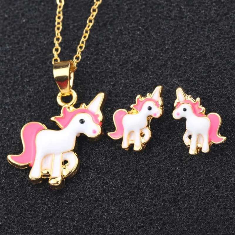 Cute Children Adult Pony Earring And Set Cartoon Unicorn Necklace Earrings Pink Girls Xmas Jewelry Gift
