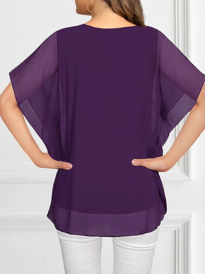 Plus Size Blouse Shirts Womens Tops Blouses Summer Batwing Sleeve Vneck Purple Shirt Elegant Clothing 250514