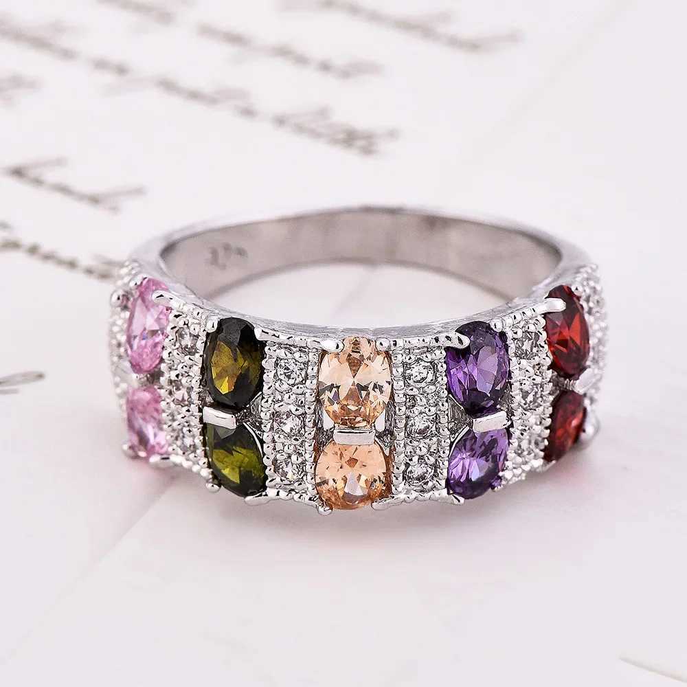 Bohemian Female Rainbow 925 Sterling Silver Filled Promise Engagement Rings for Women Colorful CZ Crystal Wedding JewelryXJ250514