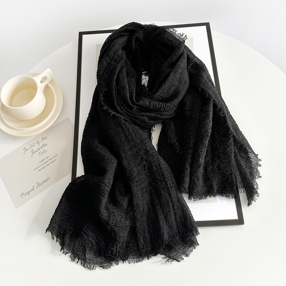 K721 Cross-border cotton and linen scarf women's gauze scarf new style solid color summer sun protection breathable shawl retro rough edge silk s