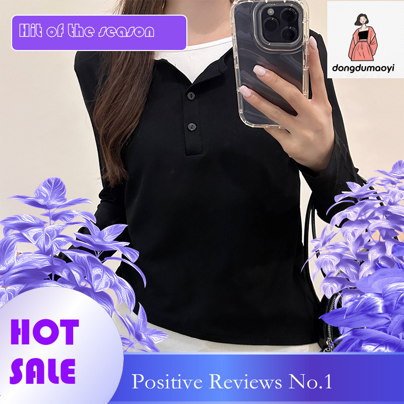 dongdumaoyi Fake two t-shirts, small breasted long sleeves, early autumn design sense, niche contrasting color top, inner bottom layer, women's c
