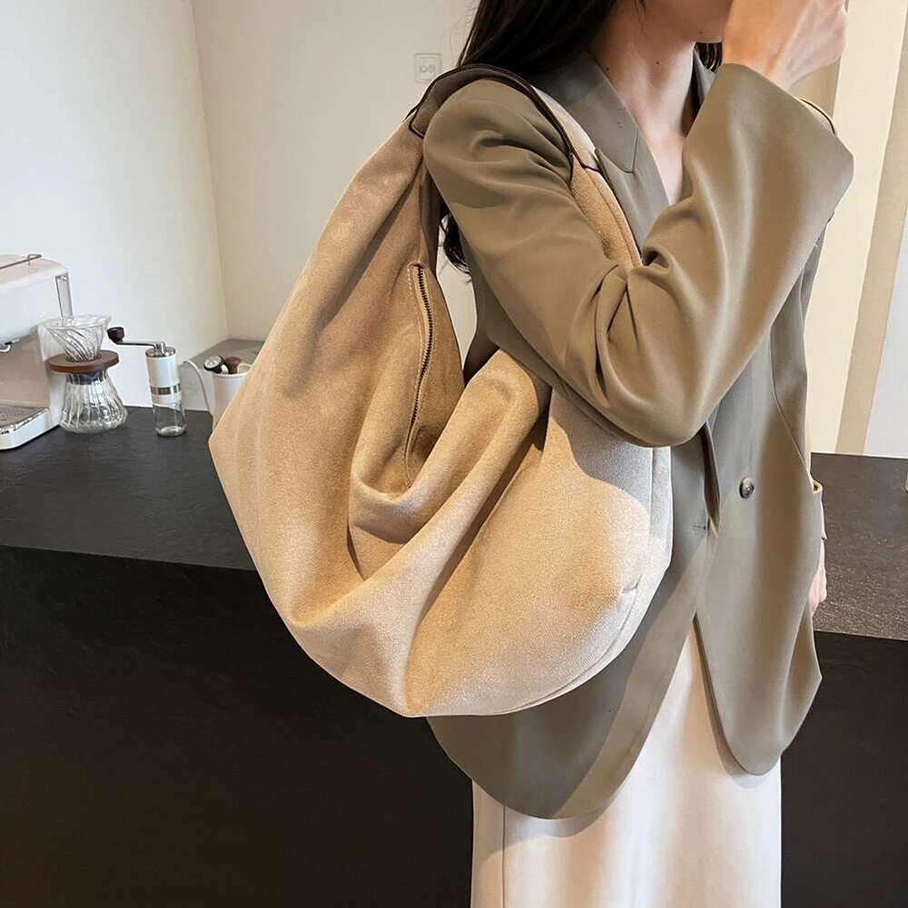 Retro Suede Women Top-Handle Large Capacity Tote High Quality Underarm with Zipper Solid Versatile Shoulder Bag