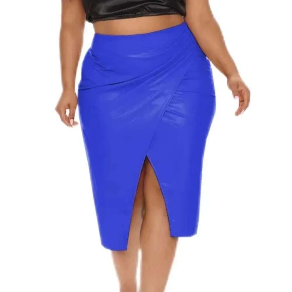 High Waist Stretch Plus Size Sissy Sexy PVC Leather Front Split Solid Color Revelry Party Lady Package Hips Skirts