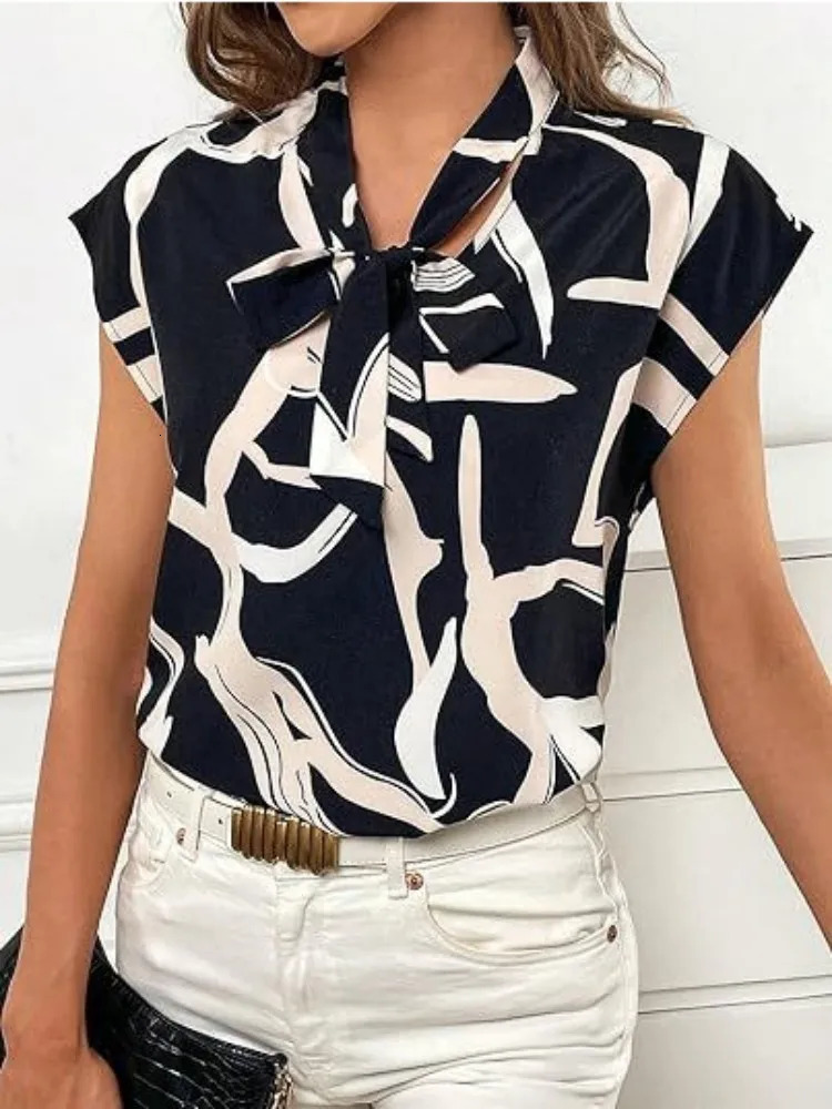 Women Summer Style Blouses Shirts Lady Casual Short Sleeve Bow Tie Collar Printed Blouse Tops 250514