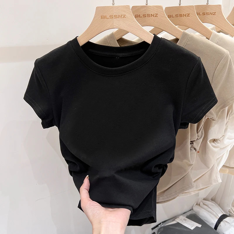 AOSSVIAO Harajuku Women Crew Neck Short Sleeve Cotton Slim Fashion Tee with Ruched Sides Detail Tshirts 250514