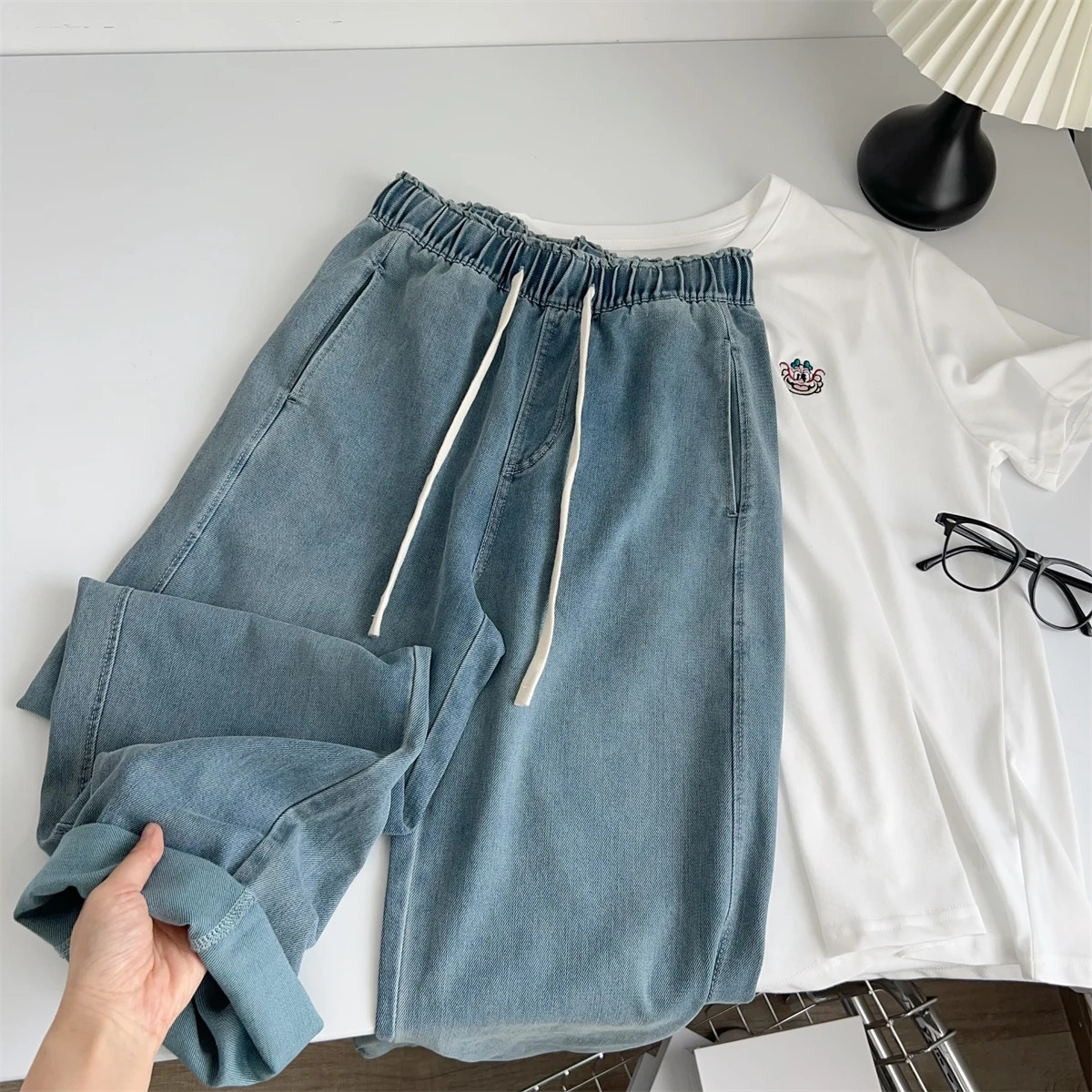 Silk Curved Washed Jeans Womens Summer High Waist Loose Wide Leg Denim Pant 250513