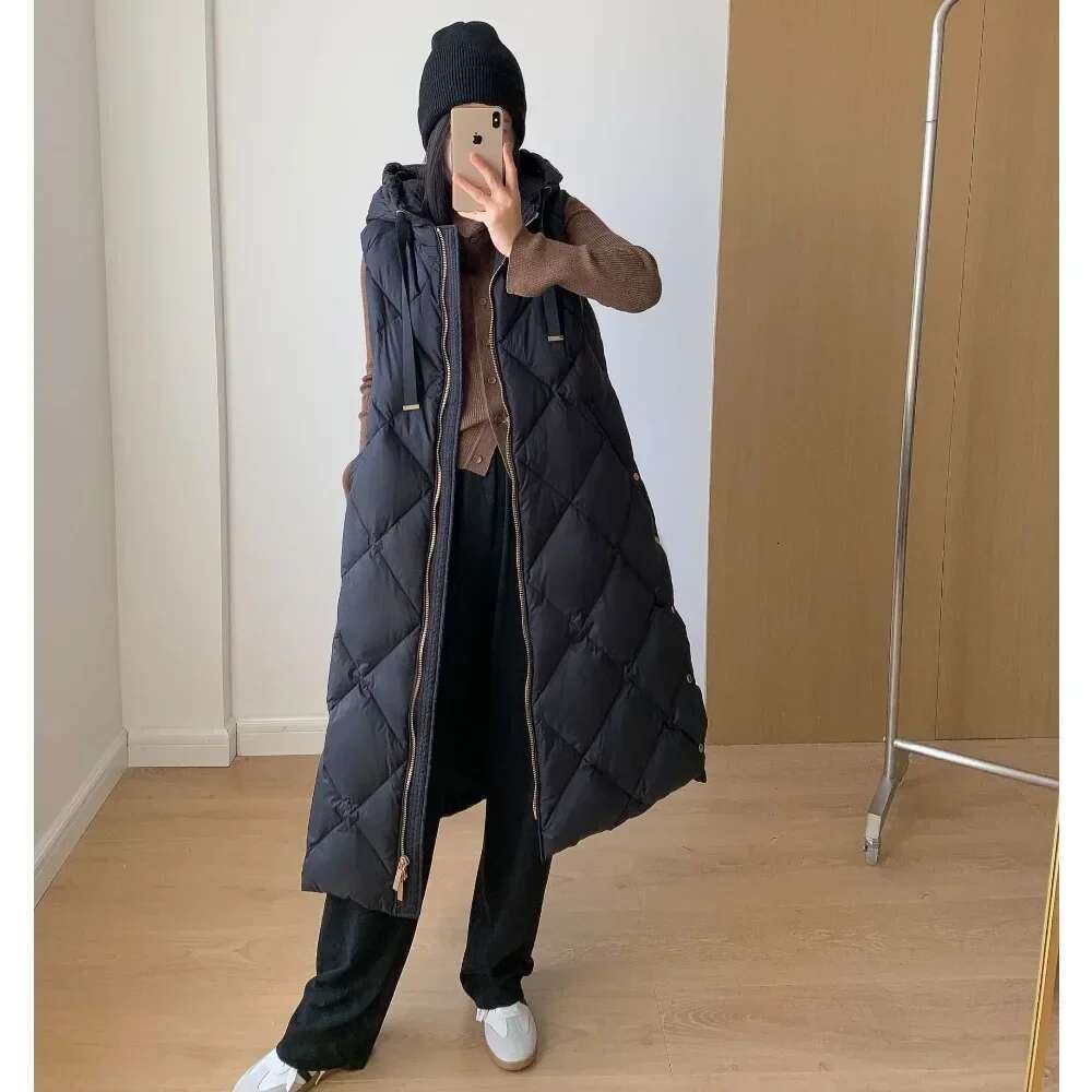 2024 New Women Down Sleeveless Vest Winter Zipper Up Belted Hooded Dia Lattice Thicken Warm Puffer Waistcoat