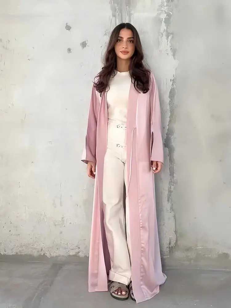 Ramadan Eid Modest Plain Satin Open Kimono Abaya Damen Dubai Ka Muslim Women Clothing Kaftan Islam Robe Femme Musulmane X250514