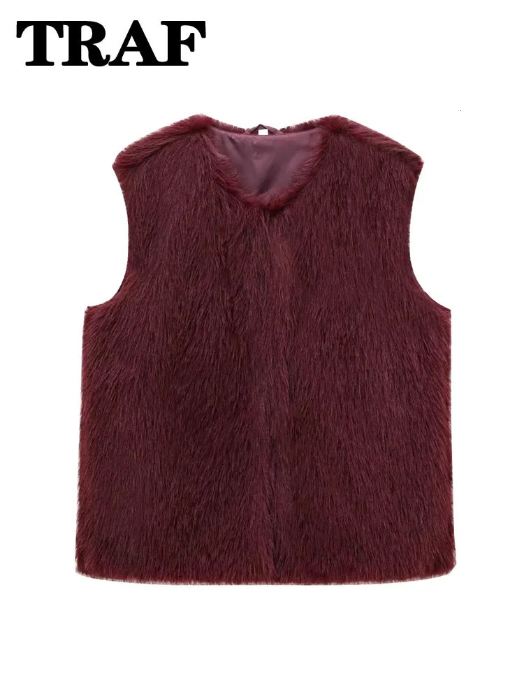 TRAF faux fur cut womens vest loose and comfortable sleeveless jacket soft textured top of the line streetwear for women 250506