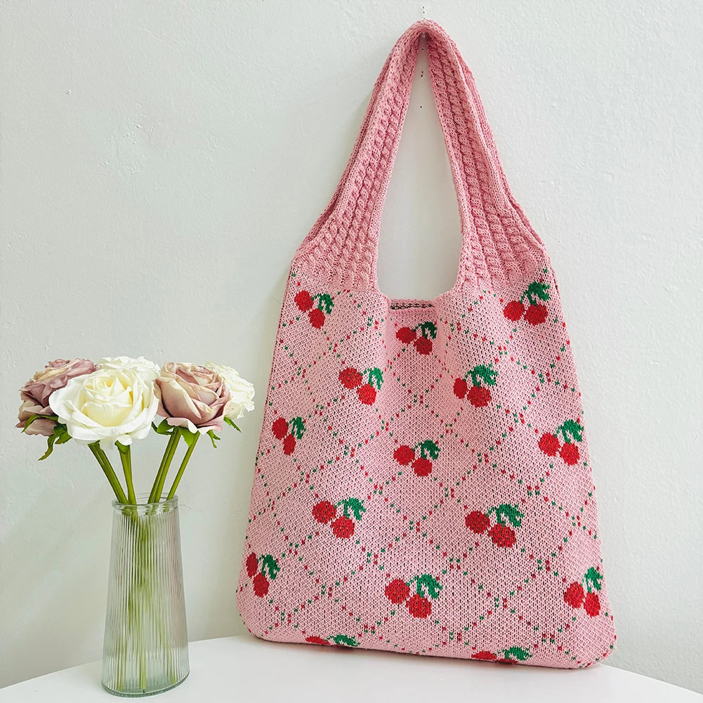 Fashion Cherry Knitting Shoulder Bag for Women Raffia Woven Boho Hand Large Travel Shopping Causal Crochet Tote Handbags 250514