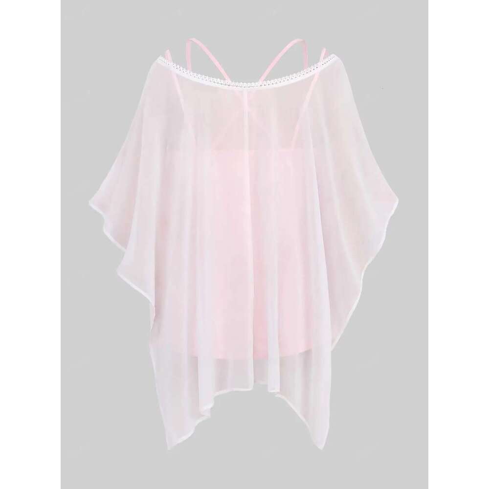 ROSEGAL Plus Size Women's Crisscross Camis Top and Blouse, Light Pink Print Lace Trim, Sheer Asymmetrical T-Shirts Vest Set